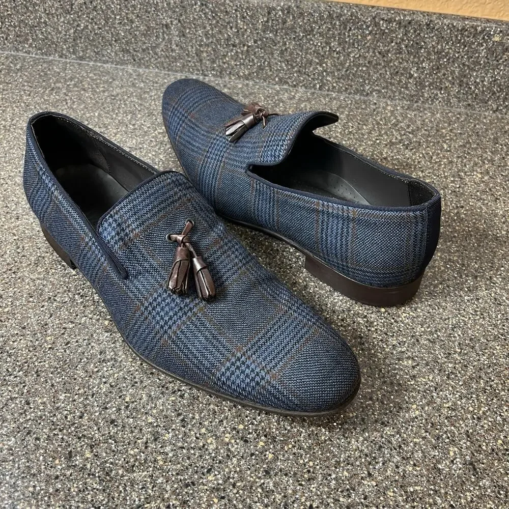Paul Fredrick Leather Tassel Loafer Mens 13M Navy Brown Plaid Tweed Slip On Shoe